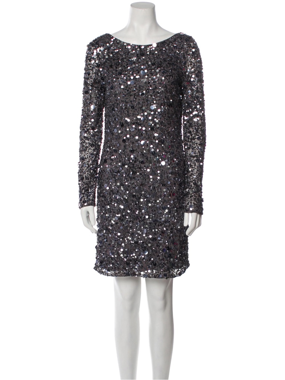 Aidan Mattox Charcoal Sequin V-Neck Long Sleeve Dress